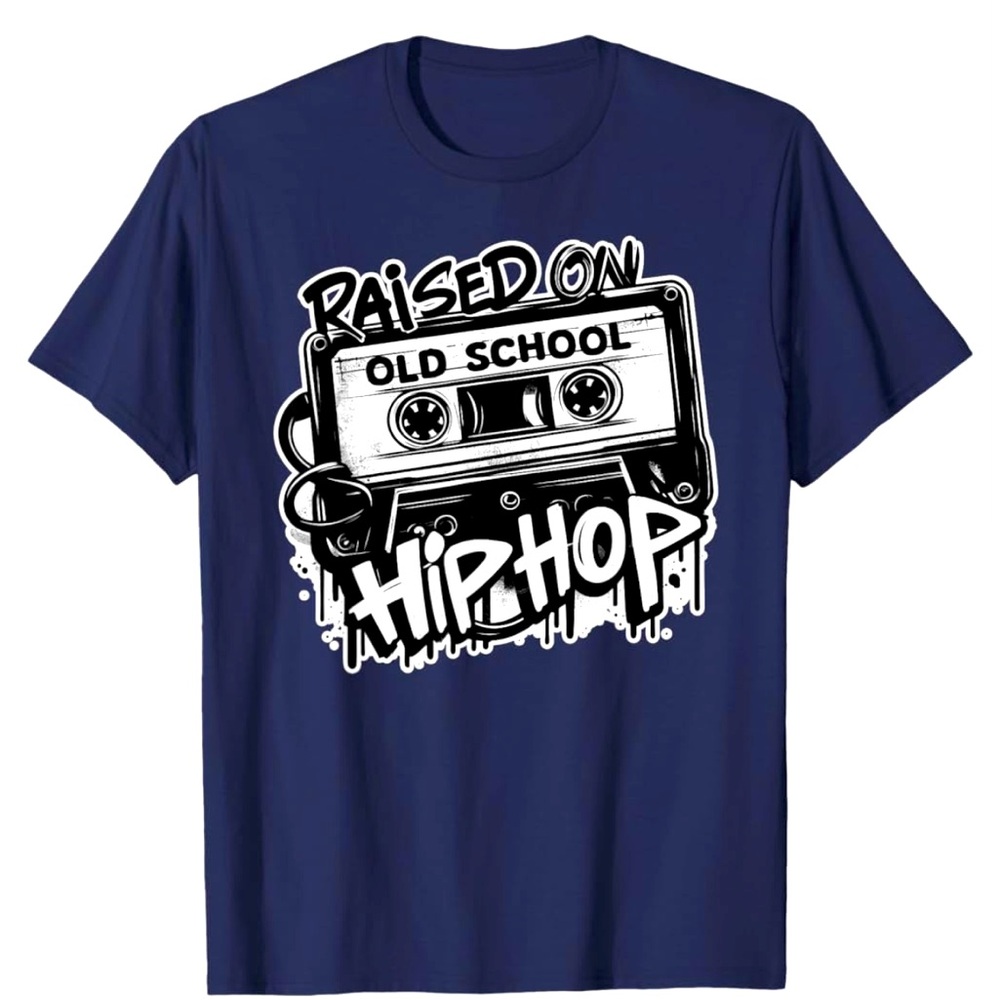 Men’s hip hop T-shirt navy blue RAISED ON OLD SCHOOL HIP HOP